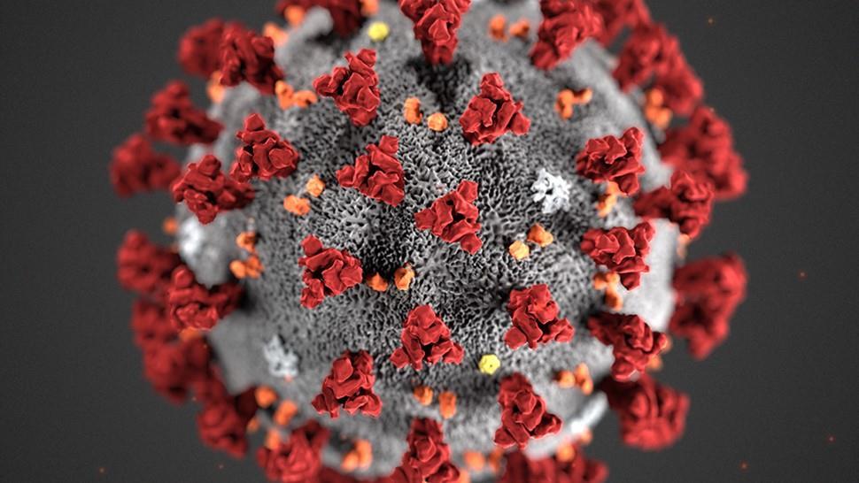 Illustrasjon av koronavirus. Ser ut som grå ball med røde tagger. - Klikk for stort bilde