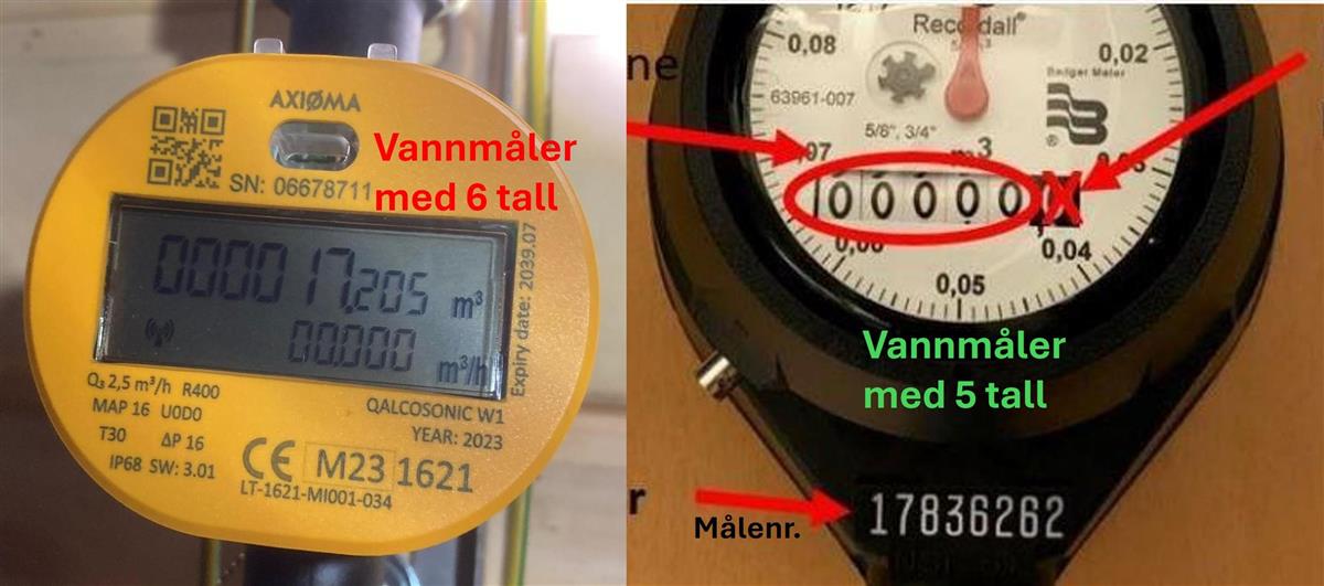 En gul rund vannmåler ny type med digitale tall, en gammel type vannmpler med telleverk. - Klikk for stort bilde
